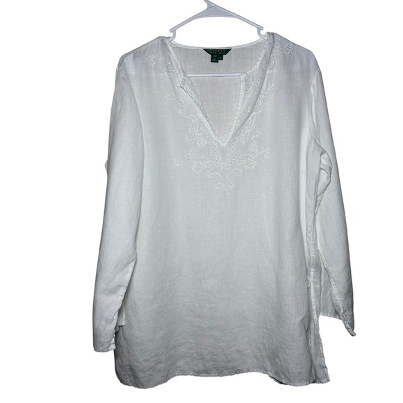 Lauren Ralph Lauren Tops - Lauren Ralph Lauren White Linen Embroidered V Neck Tunic Top Womens Large